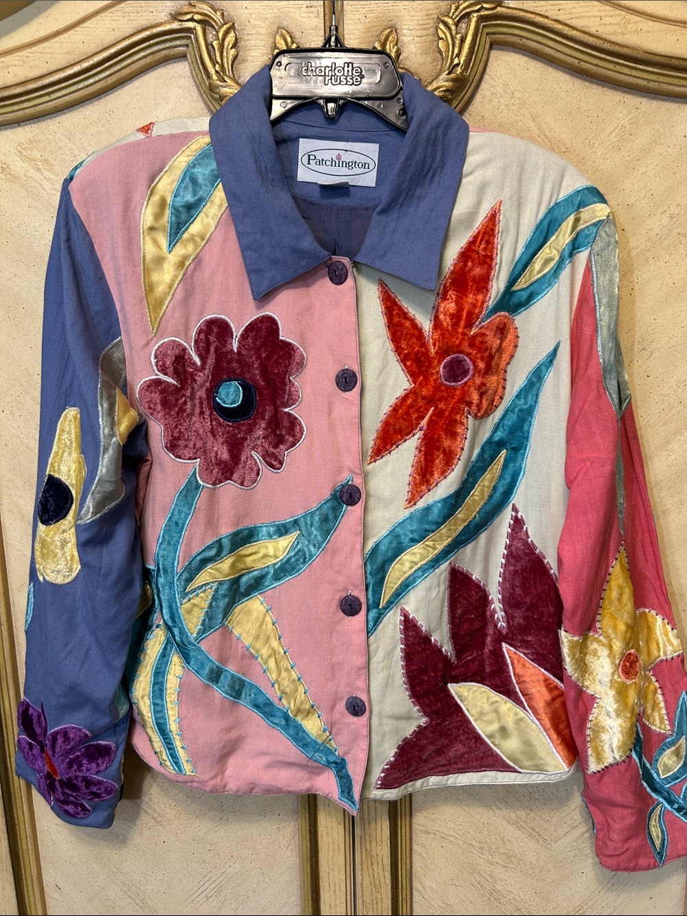 Vintage Patchington Blue Pink Coral Teal Yellow Velvet Floral Patchwork Jacket